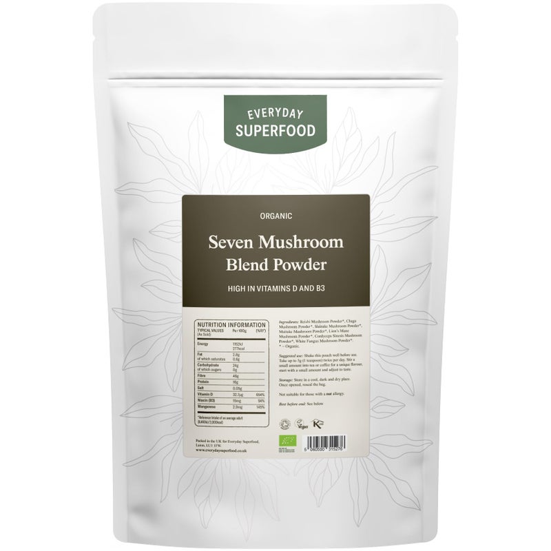 everyday_superfood Everyday Superfood Organic Seven Mushroom Blend Powder 190g, 7 Mushrooms Including Lion's Mane, Suitable for Cooking and Coffee Drinks - Image 1